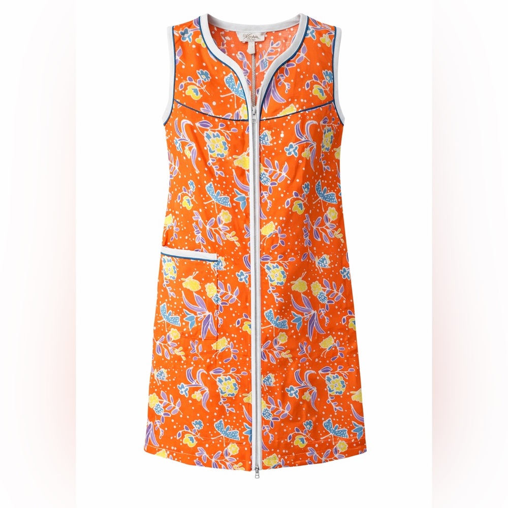 1970s Komar Vintage Floral House Dress Orange Zip Front Loungewear Retro Size S